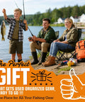 Family fishing by a lake with a child holding a fish, surrounded by gear, with promo text about fishing gifts and gear organization.