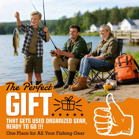 Family fishing by a lake with a child holding a fish, surrounded by gear, with promo text about fishing gifts and gear organization.