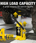 Yellow 4-ton bottle jack, front view under vehicle for repairs; multi-directional.