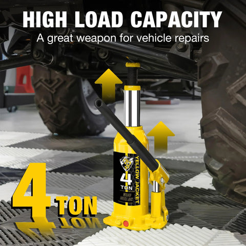 Yellow 4-ton bottle jack, front view under vehicle for repairs; multi-directional.
