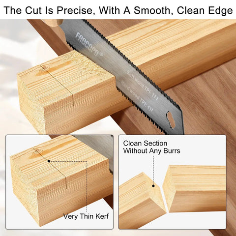 6 Inch Pull Saw For Woodworking With Double Edge Blade 17 11 TPI, Japanese Flush Cut making precise wood cut on block.