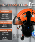 Orange Safety Helmet With Visor And Bluetooth Ear Muffs SNR 26dB Hard Hat With Ventilated Shell And Clear Plus Tinted Visors ANSI Z89.1 Compliant