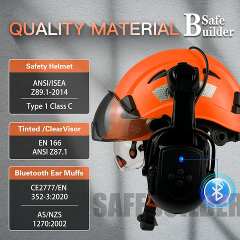 Orange Safety Helmet With Visor And Bluetooth Ear Muffs SNR 26dB Hard Hat With Ventilated Shell And Clear Plus Tinted Visors ANSI Z89.1 Compliant