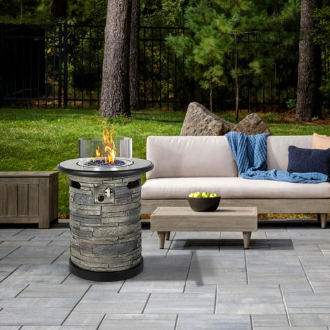 Outdoor Propane Fire Pit Table With Round Porcelain Tile Top 40,000 BTU Fire Bowl Column Auto Ignition in patio setting