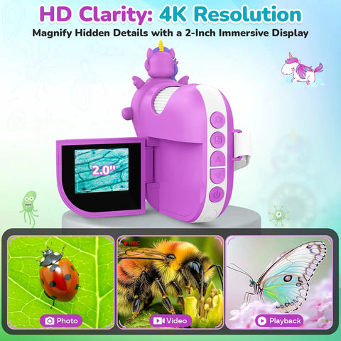 Kid Friendly Digital Microscope Handheld Miniscope With 4K 2.0 Inch Screen Rechargeable Portable Magnifier 1000x Zoom STEM Learning Toy Gift With Slides Kit For 4 To 12 Year Olds Violet, 2.0-inch screen