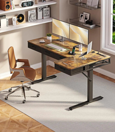63 Inch L Shaped Electric Standing Desk With Four Fabric Drawers For Home Office Corner Setup Provides Extra Storage And Power Outlets Height Adjustable Sit Stand Table In Rustic Brown in a modern office setting