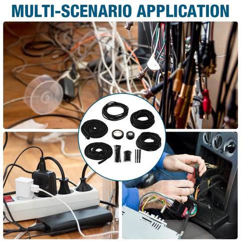 Split Wire Loom Sleeve Master Kit For Vehicles, Pet Chew Protection For Cords And Hoses, Includes Split Sleeves In Multiple Diameters, Fabric Heat Shrink Tubing, Silicone Tape, Locking Ties, And Electrical Tape in use on tangled wires and car installation.