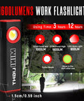 Two Pack 1600 Lumen EDC Flashlight With Magnetic Clip, Dual LED Spotlight And COB Flood Light, 3 Modes, Ultra Lite Waterproof Pocket Light For Work, Camping, Repairs And Emergencies with usage time and intensity details
