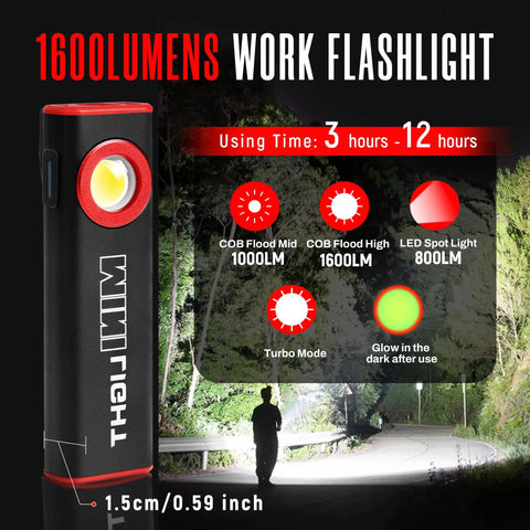 Two Pack 1600 Lumen EDC Flashlight With Magnetic Clip, Dual LED Spotlight And COB Flood Light, 3 Modes, Ultra Lite Waterproof Pocket Light For Work, Camping, Repairs And Emergencies with usage time and intensity details