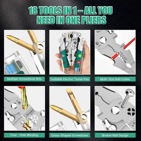 18 In 1 Foldable Wire Stripper And Multi Tool Pliers For Electricians with multiple screwdriver bits and bolt cutter