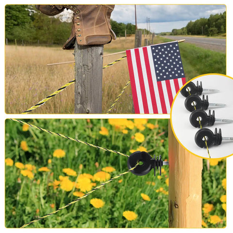 52 Piece Electric Fence Kit With 1640 Ft Poly Wire and Black Fence Ring Insulators in outdoor pasture setting