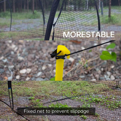 Close-up of 30 Ft Baseball Batting Cage With Frame For Backyard Training showing stability stakes securing netting