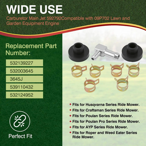Fuel Tank Stem And Bushing Kit For Ride On Mowers Fits Husqvarna Craftsman AYP Poulan Pro Roper Weed Eater Series Top Notch Aftermarket Parts With 532139277 532003645 139277 532124952 replacement parts list and product image