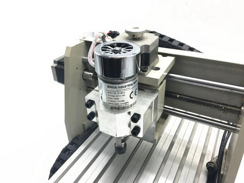 Close-up of Workbench Ready CNC Router Engraver For Home Shop showing aluminum body and spindle mechanism