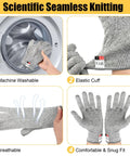 2 Pairs Cut Resistant Gloves Level 5 EN388 Food Grade Safety Gear For Cooking Meat Oyster Shucking Mandoline Chefs Food Prep Carving Butcher Unisex Comfortable Fit displayed in machine washable, elastic cuff, breathable, snug fit features.