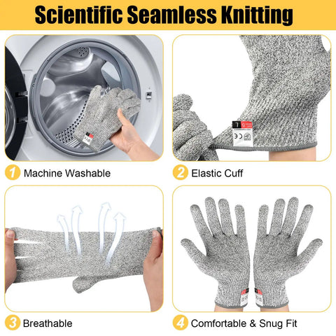 2 Pairs Cut Resistant Gloves Level 5 EN388 Food Grade Safety Gear For Cooking Meat Oyster Shucking Mandoline Chefs Food Prep Carving Butcher Unisex Comfortable Fit displayed in machine washable, elastic cuff, breathable, snug fit features.