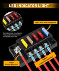 Waterproof 4 Circuit Fuse Panel, Ato Blade Fuse Block with LED indicators, showing circuit status, input and output connections.