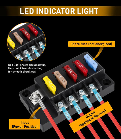 Waterproof 4 Circuit Fuse Panel, Ato Blade Fuse Block with LED indicators, showing circuit status, input and output connections.