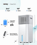 No Window Portable Evaporative Air Cooler With Remote Control 3 Speed Settings 4 Modes 7 Hour Timer Ice Packs Bladeless Quiet Design White Bedroom Cooling Alternative, showing cooler dimensions and included ice packs.