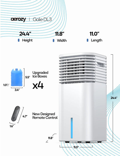 No Window Portable Evaporative Air Cooler With Remote Control 3 Speed Settings 4 Modes 7 Hour Timer Ice Packs Bladeless Quiet Design White Bedroom Cooling Alternative, showing cooler dimensions and included ice packs.