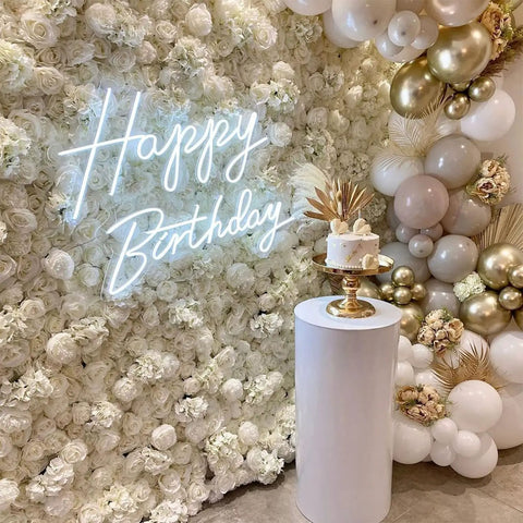 Lit Happy Birthday Neon Sign LED Light for Parties and Home Decor with floral wall and cake, 23.6 by 16.53 inches