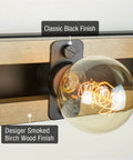 Close-up of bulb detail on 36-Inch Five-Light Modern Farmhouse Vanity Light with smoked birch wood grain and black finish