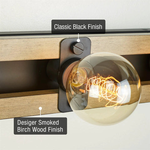 Close-up of bulb detail on 36-Inch Five-Light Modern Farmhouse Vanity Light with smoked birch wood grain and black finish