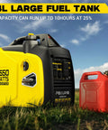 2550W Portable Inverter Generator For Home Use With 1.06 Gallon Fuel Tank And Up To 10 Hours Runtime 120V Gas Powered Super Quiet EPA Compliant Outdoor Backup Power Yellow Perfect For Camping And Home Backup Power With Long Run Time And Ultra Low Noise next to red fuel can on grass