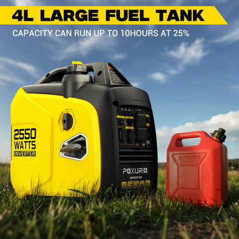 2550W Portable Inverter Generator For Home Use With 1.06 Gallon Fuel Tank And Up To 10 Hours Runtime 120V Gas Powered Super Quiet EPA Compliant Outdoor Backup Power Yellow Perfect For Camping And Home Backup Power With Long Run Time And Ultra Low Noise next to red fuel can on grass