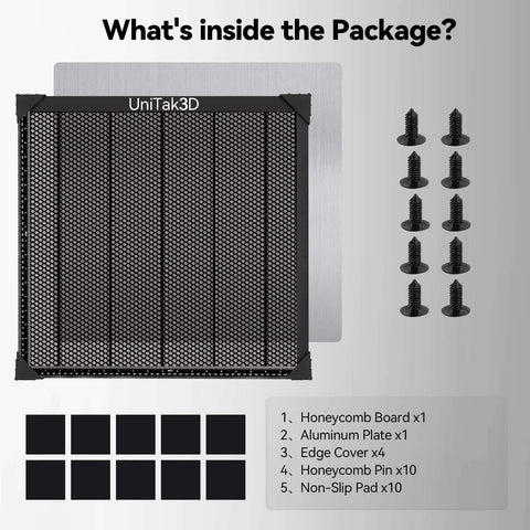 UniTak3D honeycomb laser bed 500x500mm with black honeycomb board on silver aluminum plate