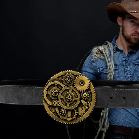 Handcrafted 3d Steampunk Gear Pewter Belt Buckle For Men And Women on a black belt, showcasing vintage industrial style and durability.