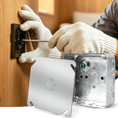 Four Inch Square Electrical Box With Cover, Rugged Galvanized Steel Junction Box, Deep Twenty One Cubic Inches, Ten Half Inch Knockouts And Six Three Quarter Inch Knockouts, Includes Cover, Ground Screw And Two Cover Screws, installed in wall