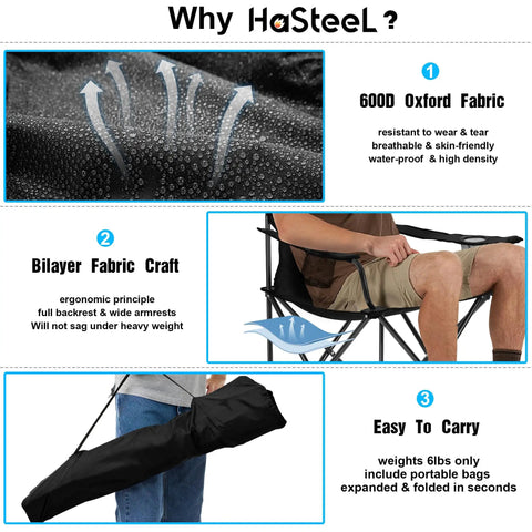 Foldable Camping Chairs For Adults, Set Of 2 shown with 600D fabric, ergonomic design, and portable bag, supports 275 lbs, black.