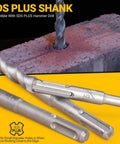 Front view of TGFTGF 17-piece SDS Plus drill bit and chisel set; silver carbide-tipped masonry bits on yellow background.