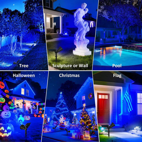 Blue Solar Spotlight Kit Two Pack Outdoor Landscape Lighting IP65 Waterproof 200LM illuminating trees, sculpture, pool, decor