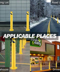 Heavy Duty Steel Safety Bollard Posts With Anchor Kit For Parking Barriers And Driveways Built Like A Tank For Rock Solid Outdoor Vehicle Protection In Bright Yellow in various locations.
