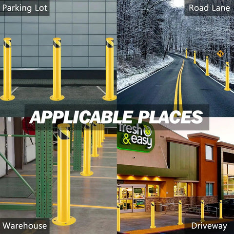Heavy Duty Steel Safety Bollard Posts With Anchor Kit For Parking Barriers And Driveways Built Like A Tank For Rock Solid Outdoor Vehicle Protection In Bright Yellow in various locations.