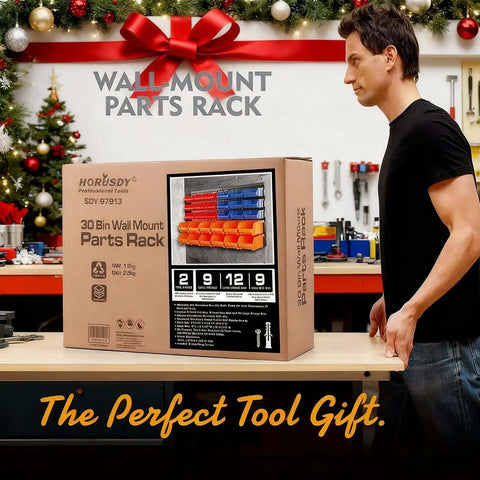 Wall Mounted Storage Bin Rack Kit 30 Piece Parts Organizer for Garage and Shop in box, shown on a workbench in a decorated room.