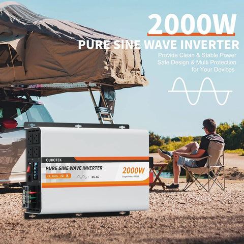 2000 Watt Pure Sine Wave Power Inverter Converts 12V DC To 120V AC With LCD Display and remote control, used outdoors.