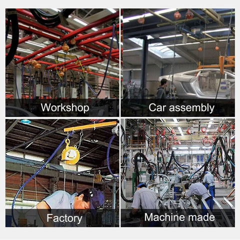 Spring Balancer Tool Hoist Stand With Manual Lock Adjustment And Power Tool Weight Slinger in automotive workshop setting.