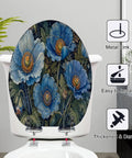 Elongated Vintage Botanical Blue Detailed Foliage Toilet Seat positioned on toilet with blue floral design and metal hinges.