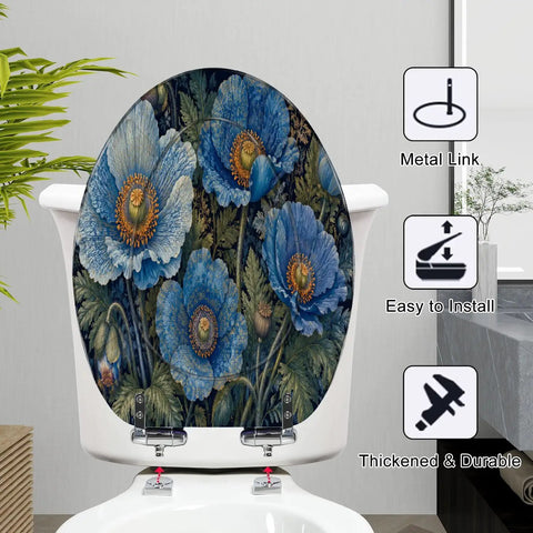 Elongated Vintage Botanical Blue Detailed Foliage Toilet Seat positioned on toilet with blue floral design and metal hinges.