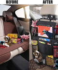 Before and after use of Backseat Organizer With 10 Inch Table Holder And Nine Storage Pockets Seat Back Protectors For Kids