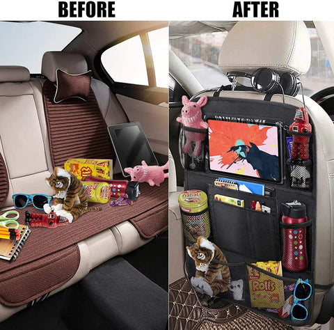 Before and after use of Backseat Organizer With 10 Inch Table Holder And Nine Storage Pockets Seat Back Protectors For Kids