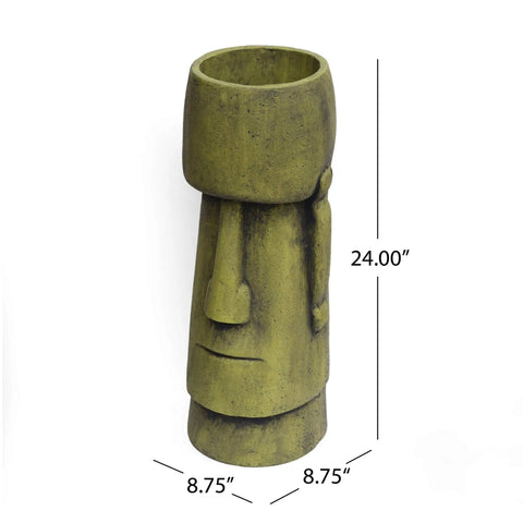 Outdoor Easter Island Tiki Urn Planter in Antique Green Finish for Patio or Garden, Cast Stone Backyard Vase with drainage hole