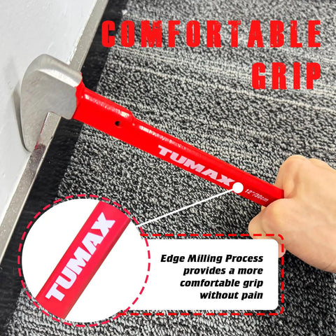 Person using Tumax 12-inch pry bar from Two Piece Nail Puller Set With 12 Inch Pry Bar And 8 Inch Mini Crowbar Cat Paw Nail Remover Handyman Favorite Pro Grade Heavy Duty High Carbon Steel Crowbar Tool For Home Remodeling And Woodworking Pull Nails Pry Scrape And Reuse Pallets, showing comfortable grip feature.