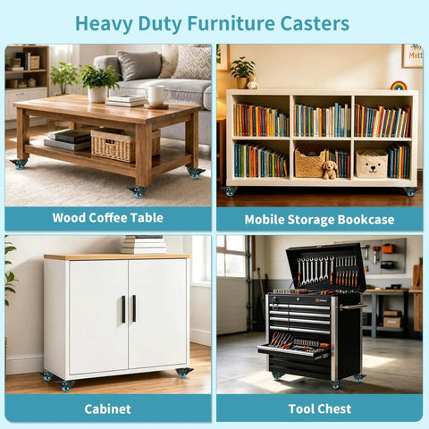 Heavy Duty Swivel Plate Casters With Brakes Polyurethane Tread Rolls Smooth As Silk Indoors on a wooden coffee table and storage bookcase.