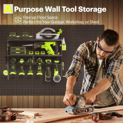 Power Tool Organizer Wall Mount With Charging Station, 3 Layer Metal Rack in workshop with tools and man sanding