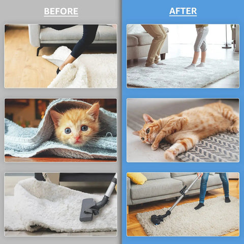 Non Slip Triangle Rug Grippers 16 Pack For Area Rugs Dual Sided Rug Pads For Hardwood Floors And Tiles Reusable Adhesive Carpet Tape That Keeps Rugs Staying Put From Curling Or Slipping Black, before and after cleaning with cats.