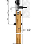 Side view diagram of Ornate Cut Roller Black Iron Sliding Barn Hardware Kit For Single Door Hardware Only, 5-foot track size.